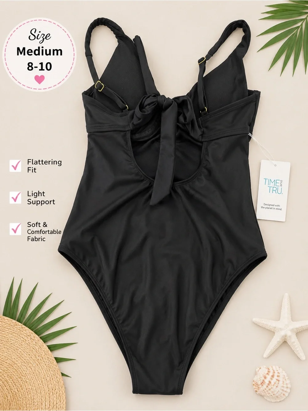 Time and Tru Black One-Piece Swimsuit with Front Knot